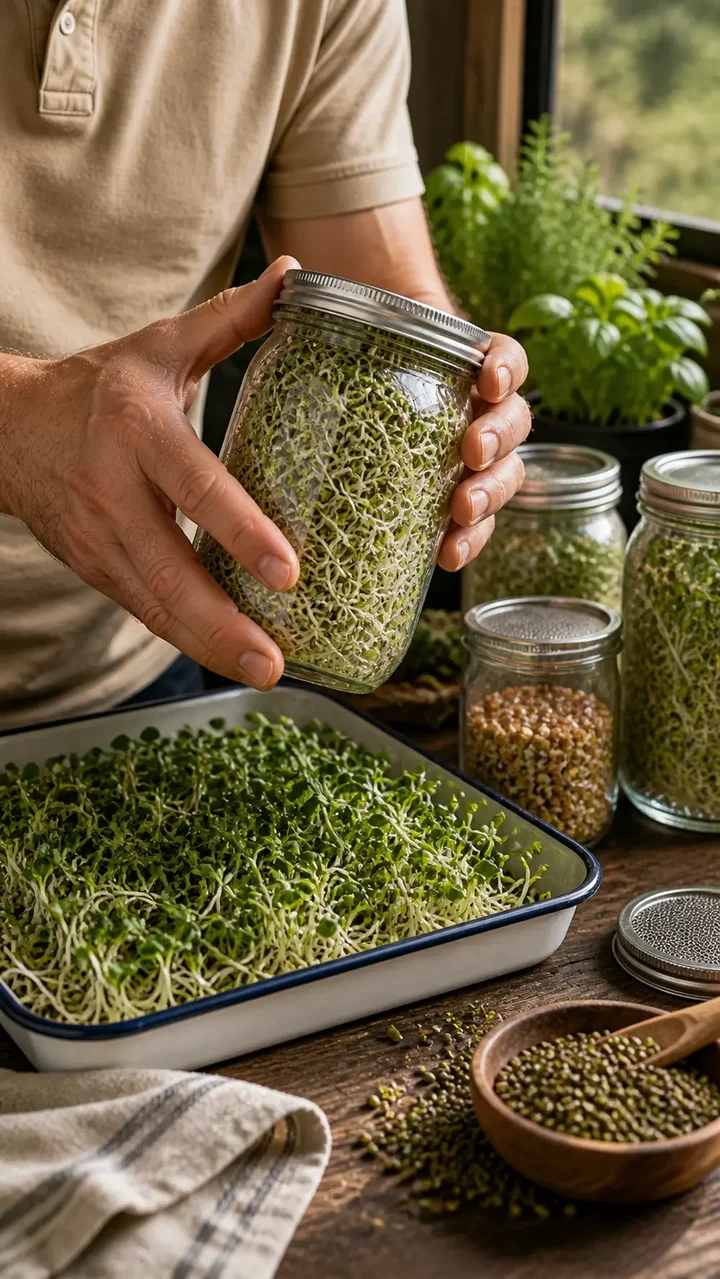 Germinados frescos cultivados en casa en frascos de vidrio