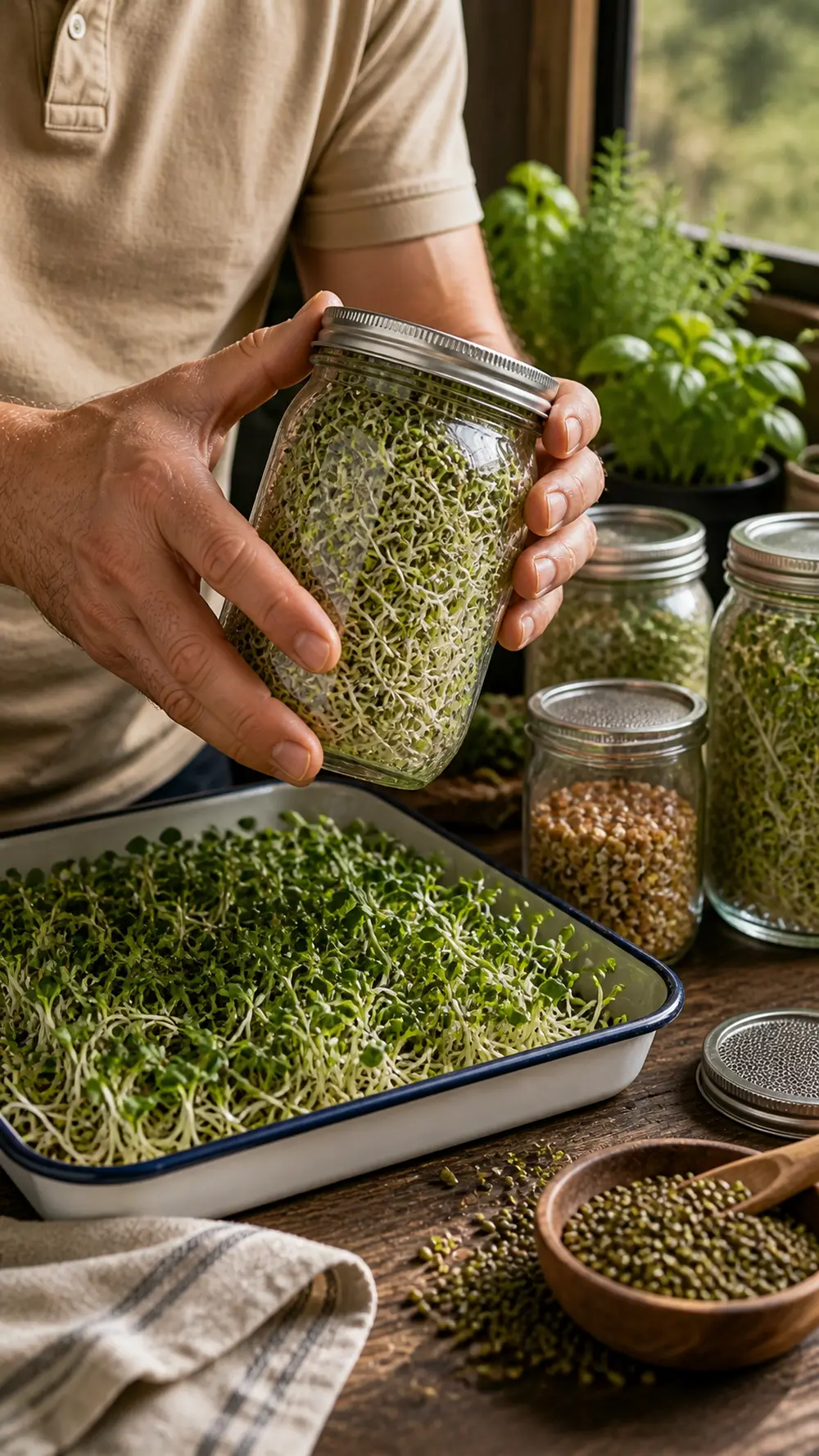 Home sprouting guide with jars and fresh sprouts growing indoors