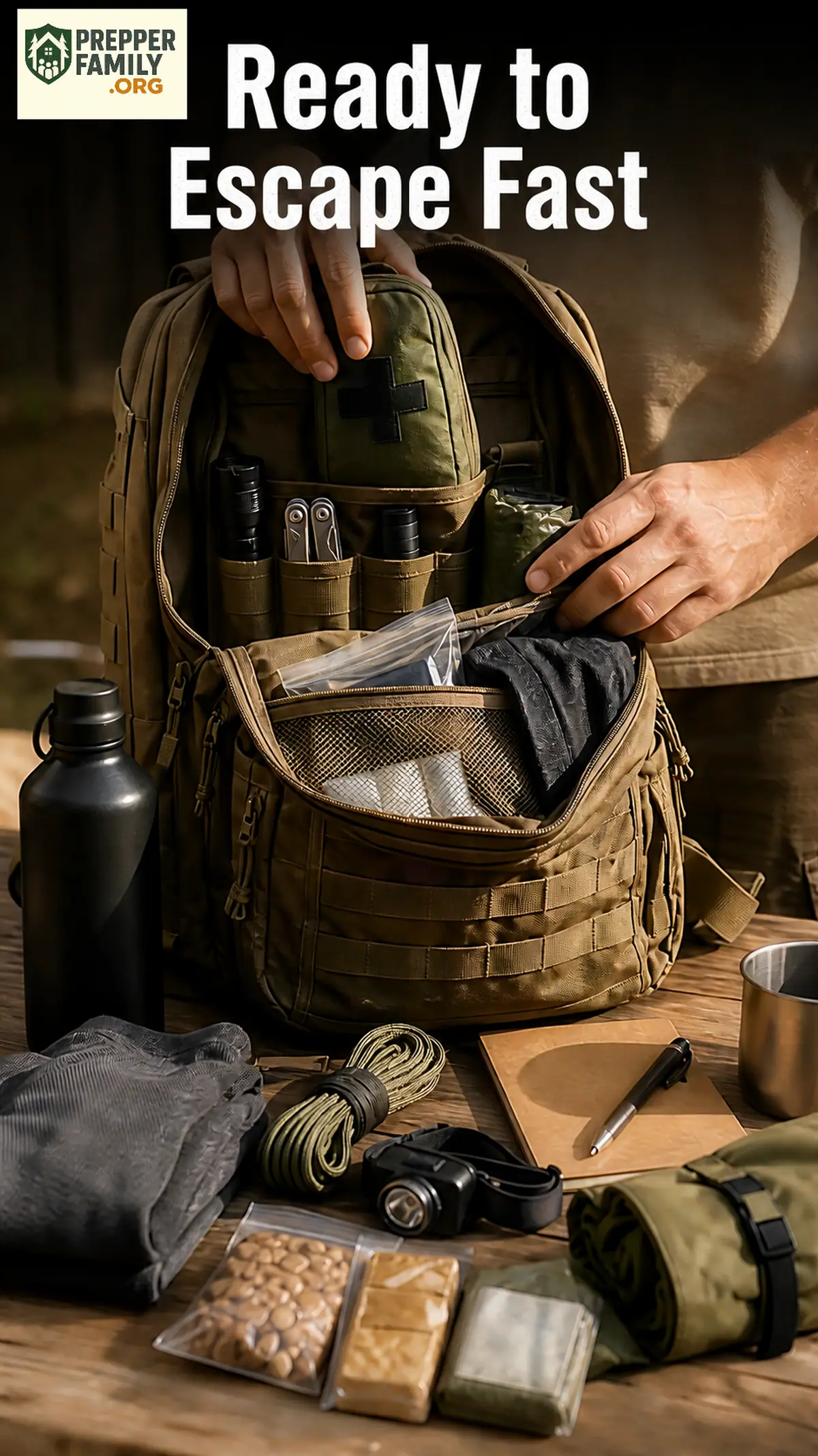 Family bug-out bag with essential emergency supplies ready for evacuation
