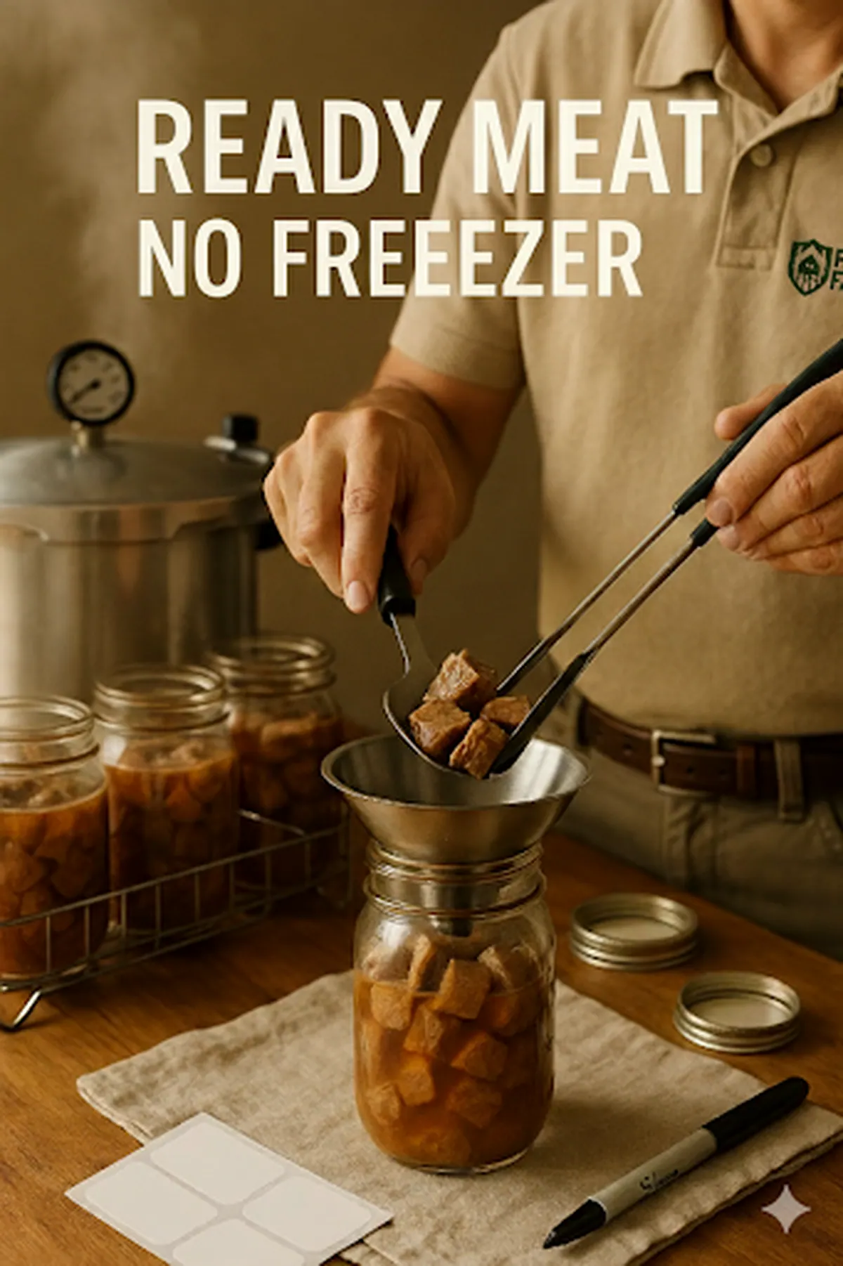 Home canned meat preserved safely in glass jars for storage