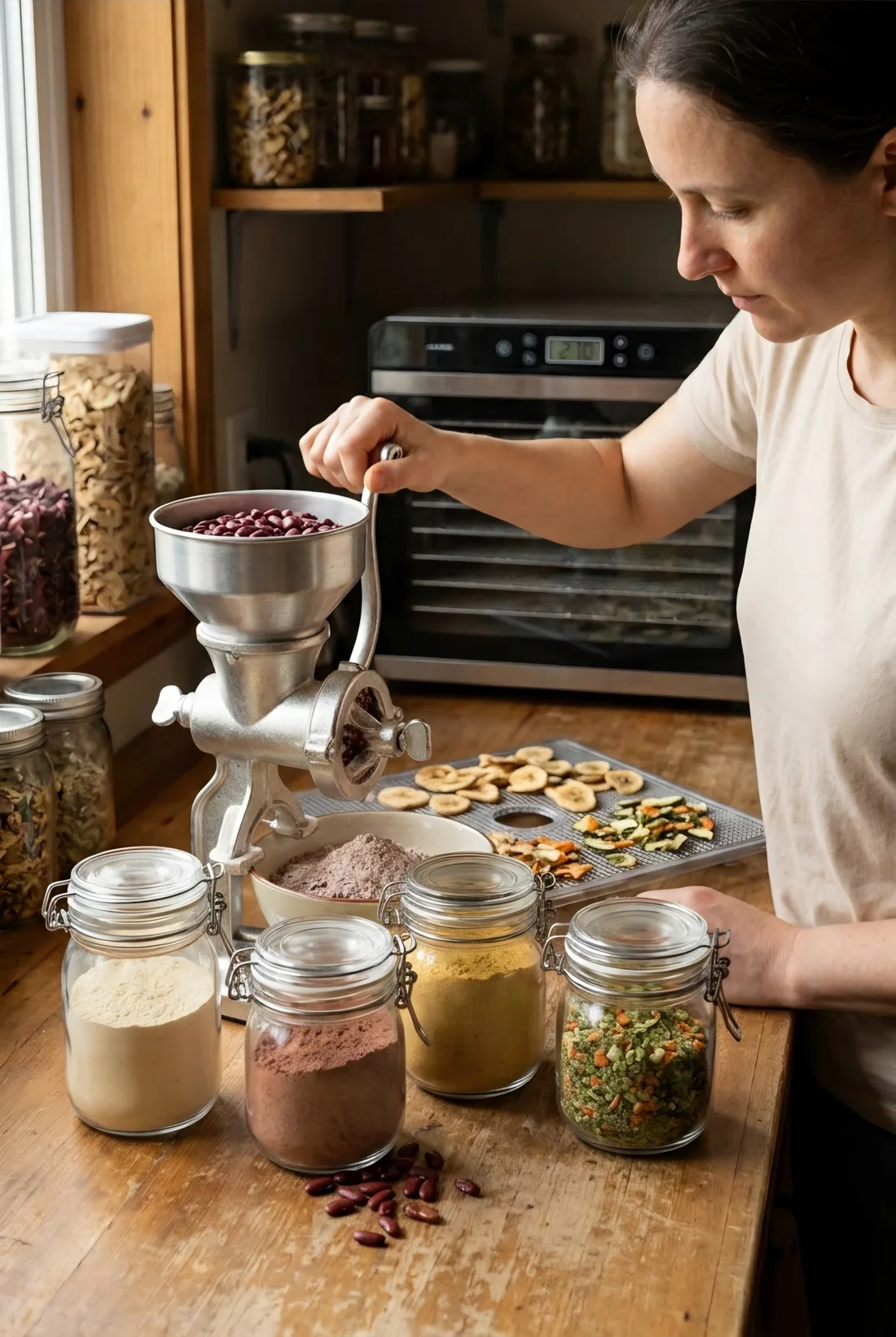 Powder pantry with four nutritious foods in small jars for family storage
